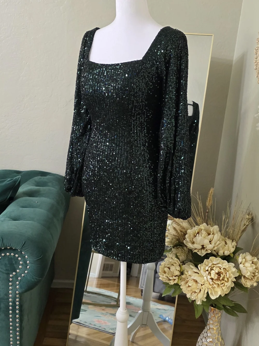 Open-Back Sequin Mini Dress in Emerald Green